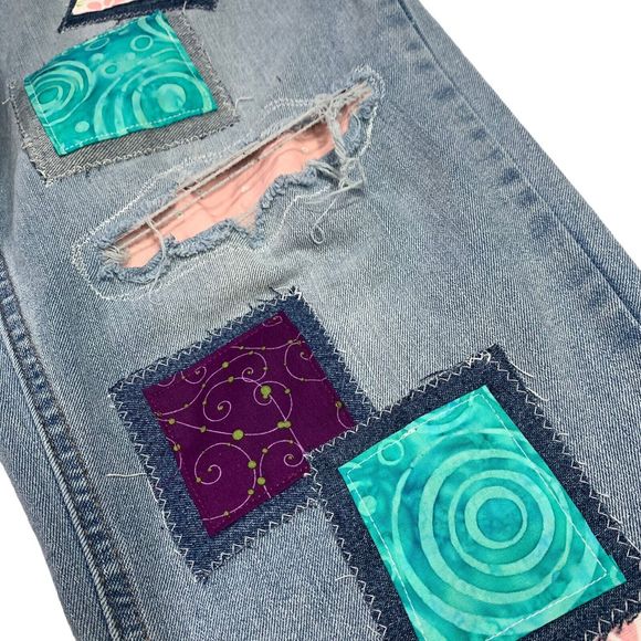 Nobo Jeans Patchwork Boho Distressed Flower Teal Pink Button Fly Junior 11 - Picture 7 of 13
